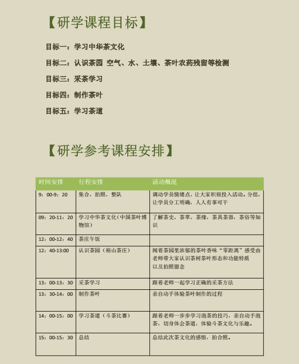 研学课程目标、课程安排